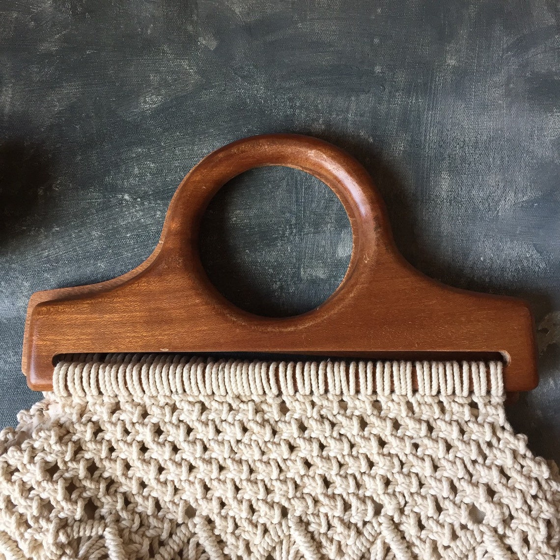 70’s Dark Blue Macrame Purse with Wooden Handles