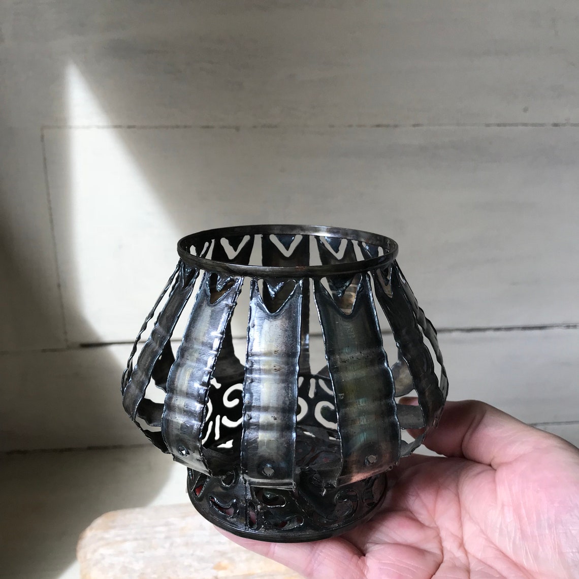 Tramp Art Vintage Tin Can Folk Art Metal Planter Candleholder Etsy