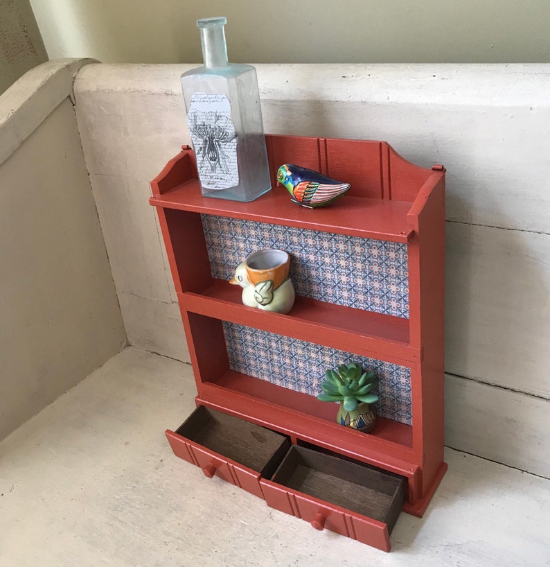 Vintage Three Tier Spice Rack Painted Wood Wall Shelf Display Rack Farmhouse Kitchen Storage Shelf Orange Spice Rack with Drawers