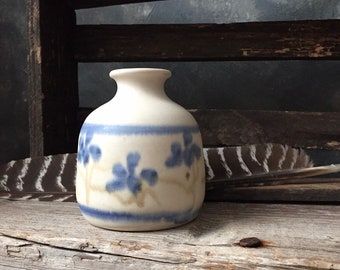 Studio Art Pottery, Vintage White and Blue Vase, Signed Art Studio Pottery, Floral Ceramic Handmade Pottery Vase, Home Decor, Farmhouse