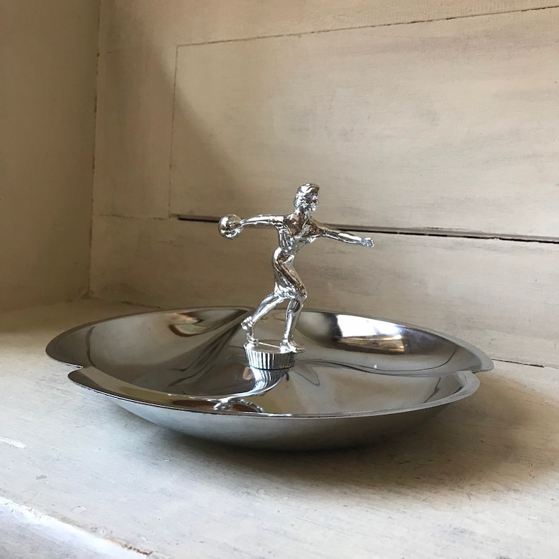 Mid Century Modern Women/'s Bowling Trophy Chrome Trophy Serving Dish MCM Party Platter Cast Metal Female Bowler Trophy Candy Dish