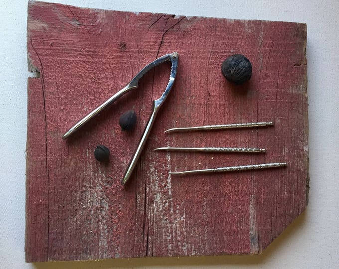 Nut Cracker and Nut Pick Set, Vintage Nutcracker Set, Mid Century Metal Nutcracker and Picks