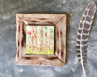 Tree Abstract Encaustic Painting, Framed Original Encaustic Painting on Wood Block, Forest at Sunset Painting, Modern Rustic Decor