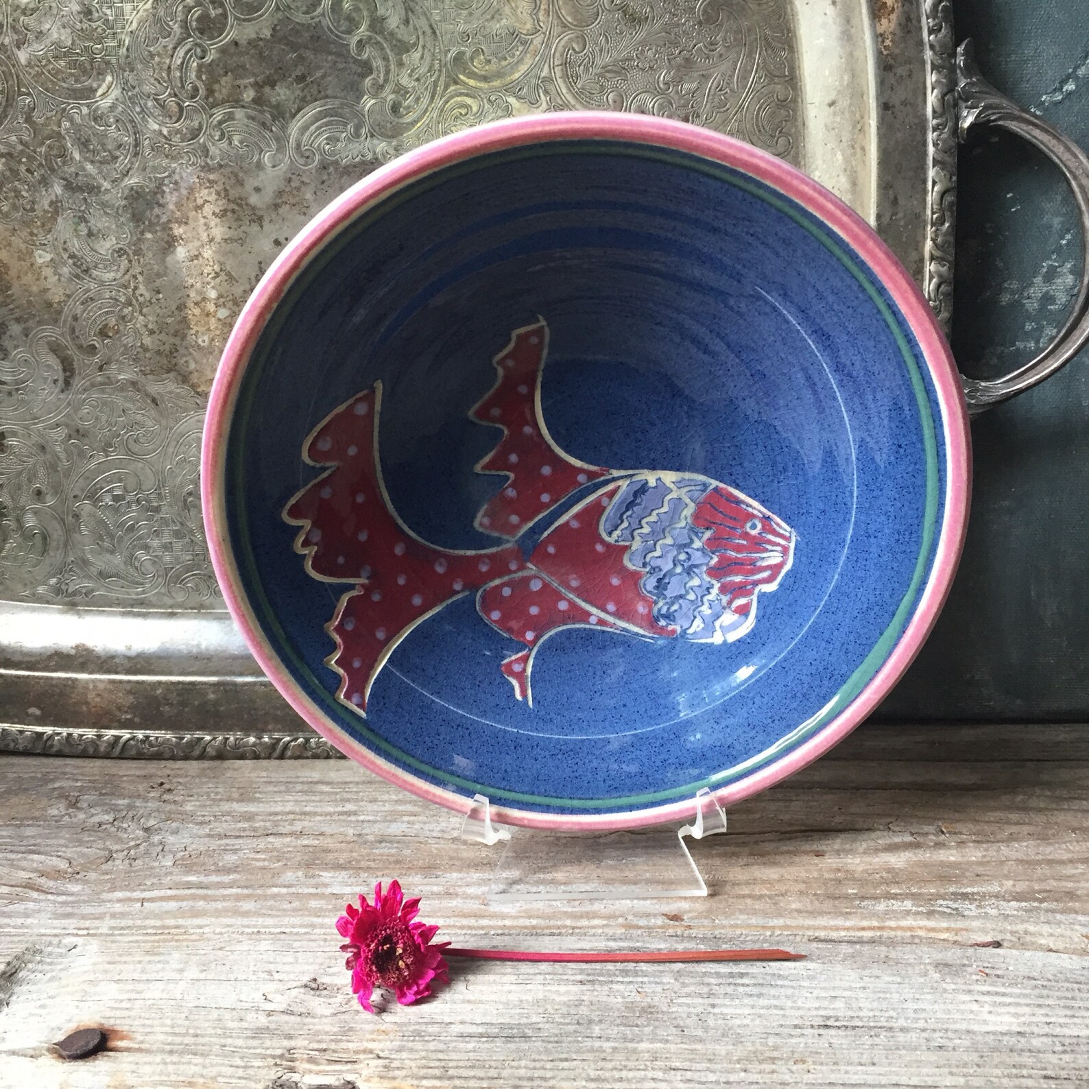 Signed Art Pottery Fish Bowl Vintage Hand Painted Art Pottery Etsy