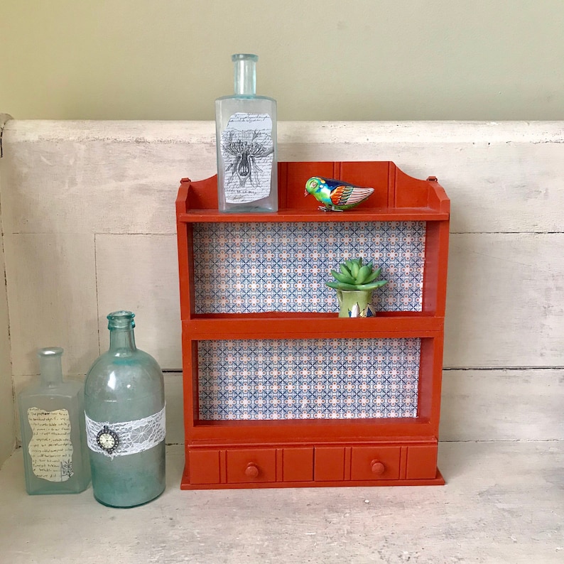 Vintage Three Tier Spice Rack Painted Wood Wall Shelf Display Rack Farmhouse Kitchen Storage Shelf Orange Spice Rack with Drawers