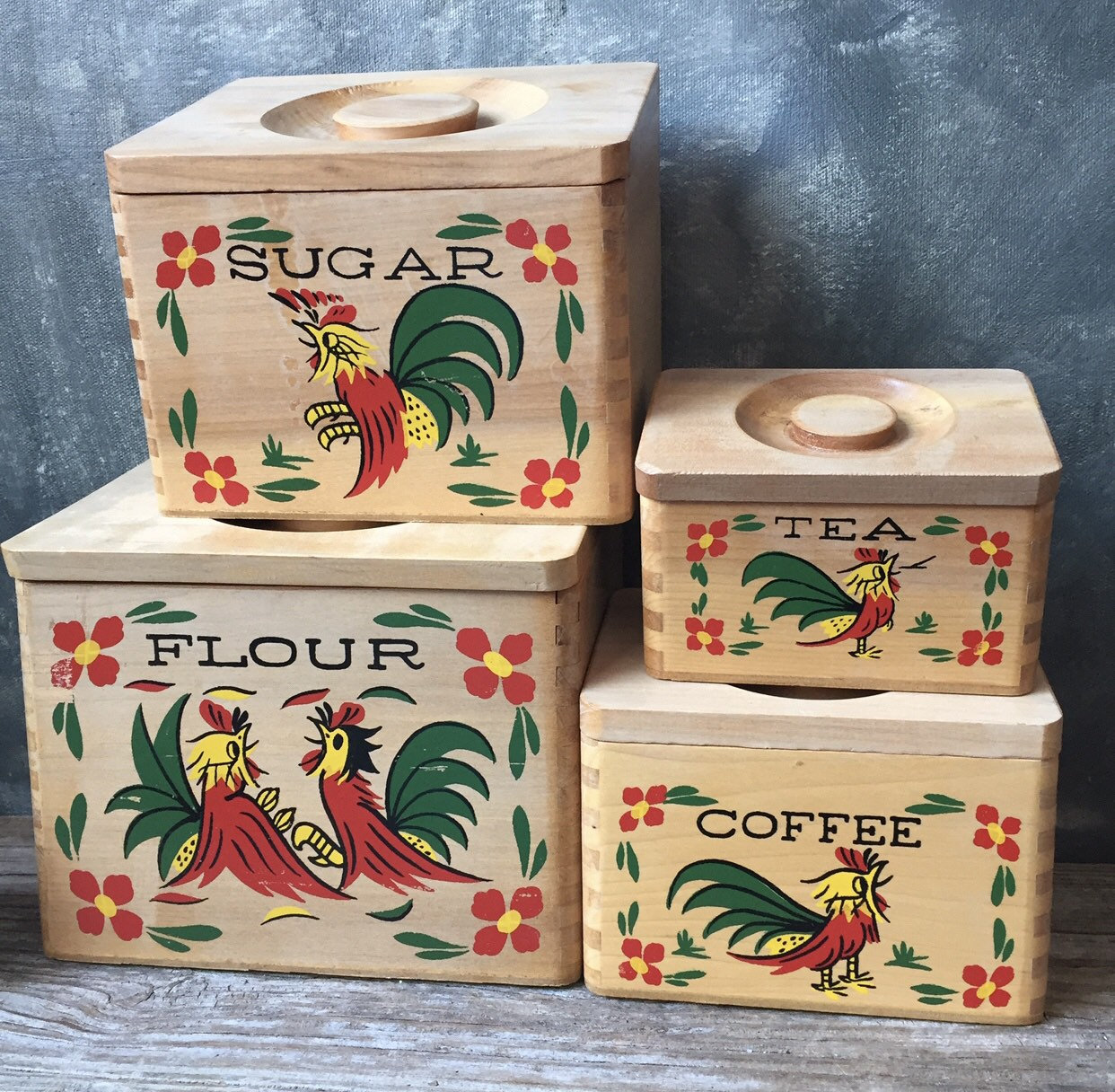 Rooster Wooden Kitchen Canisters Vintage Four Piece Set of Etsy Canada