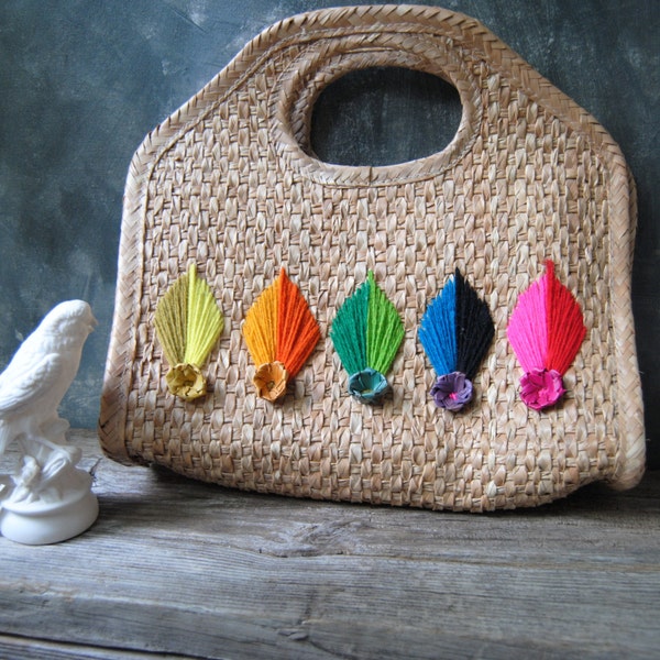 Woven Straw Tote Bag With Embroidered Trim:  Beach Tote Bag, Bohemian Purse