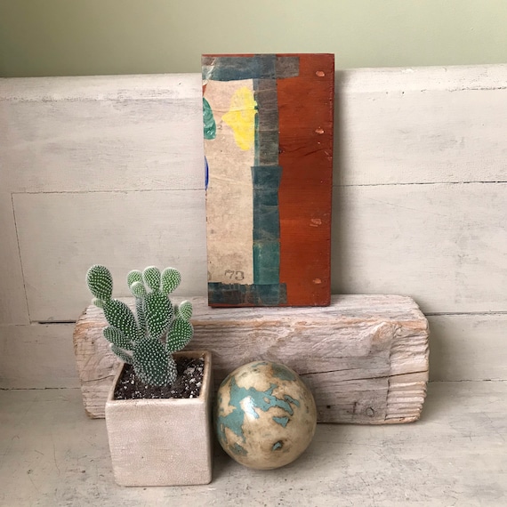 Vintage Mixed Media on Wooden Plank, Mid Century Abstract Wall Decor, Modern Graphic Geometric Design Wall Art, Abstract Wall Decor
