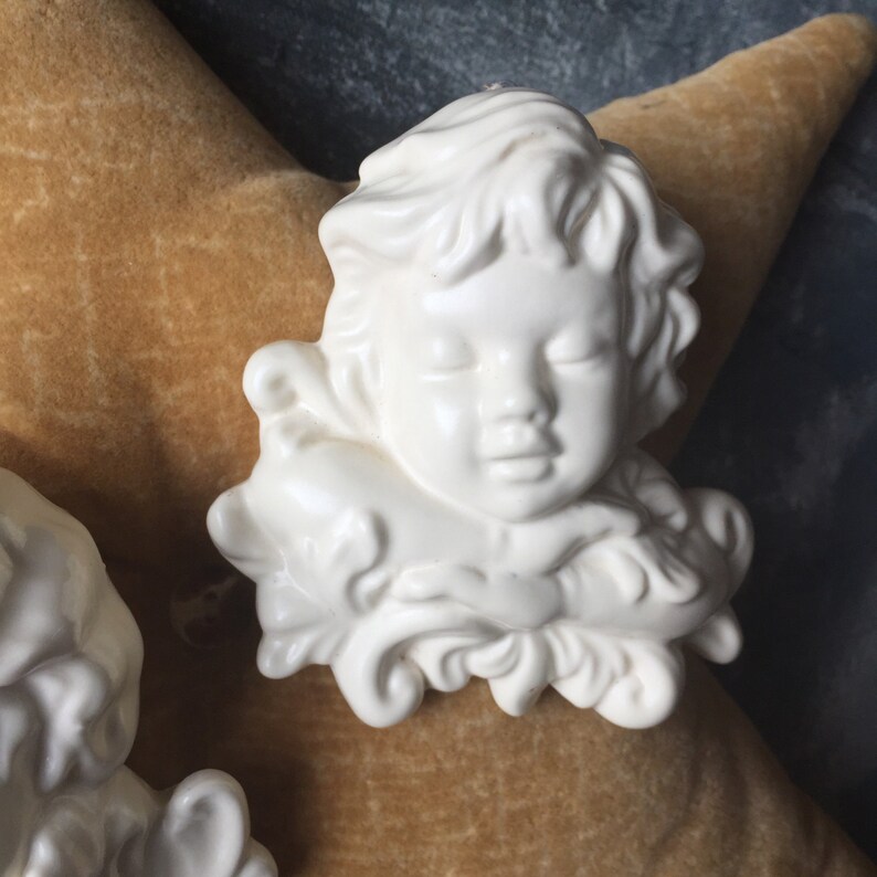 Set of 2 Hanging Angels French Country Cottage Chic Decor Holiday Ornament Vintage Ceramic Sleeping Cherubs Nursery Decor