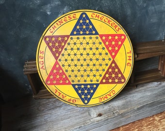 Vintage Chinese Checker Board | Tin Litho Chinese Checker Board Game | Round Yellow Tin Chinese Checker Board | Rustic Industrial Wall Art