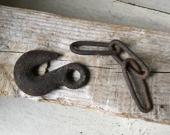 Industrial Metal Hook and Chain, Vintage Forged Iron Hook and Chain Links, Industrial Decor,  Rustic Farmhouse Decor