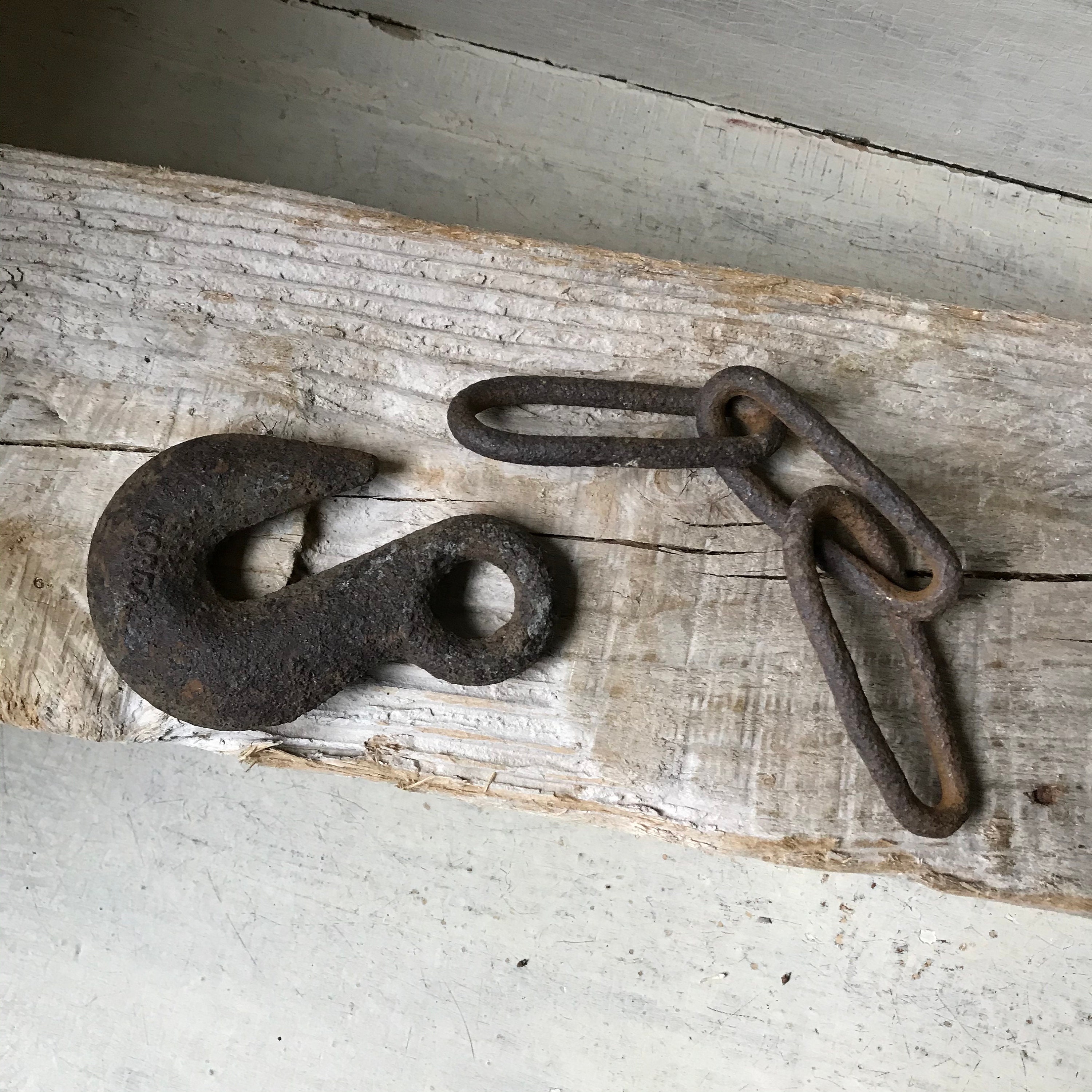 Industrial Metal Hook and Chain, Vintage Forged Iron Hook and Chain Links, Industrial Decor,  Rustic Farmhouse Decor