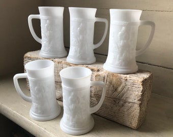 Vintage Milk Glass Beer Steins by Federal Glass, Set of 5 Tavern Scene White Milk Glass Tankards, Beer Mugs, Barware, Pub Decor