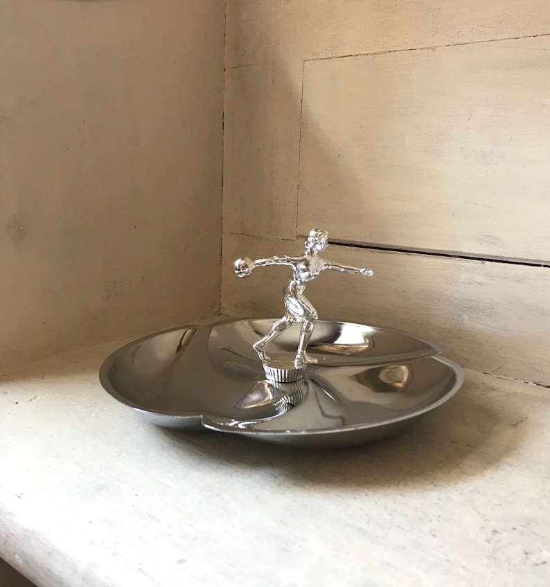 Mid Century Modern Women/'s Bowling Trophy Chrome Trophy Serving Dish MCM Party Platter Cast Metal Female Bowler Trophy Candy Dish