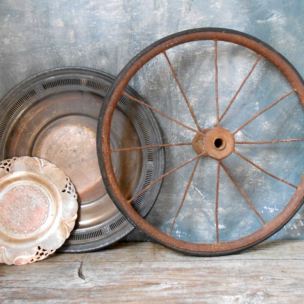 Antique Farmhouse Cart Wheel: Metal and Rubber Industrial Salvage