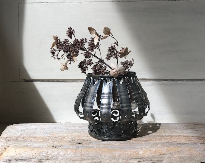 Tramp Art Vintage Tin Can Folk Art, Metal Planter Candleholder Lantern