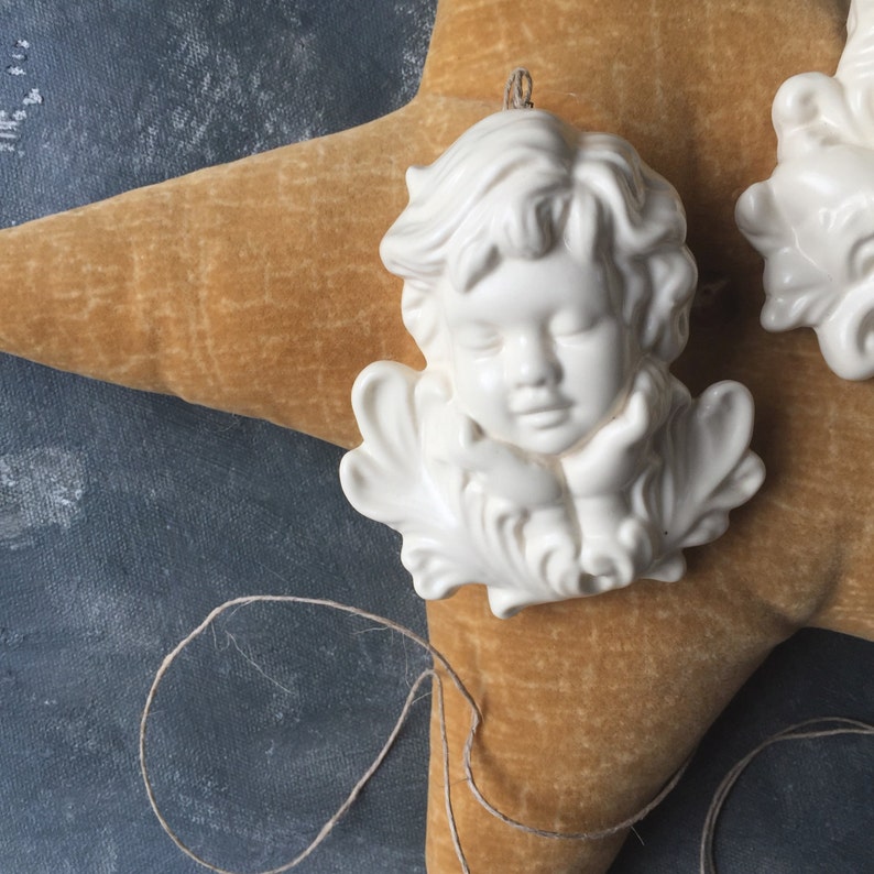 Set of 2 Hanging Angels French Country Cottage Chic Decor Holiday Ornament Vintage Ceramic Sleeping Cherubs Nursery Decor