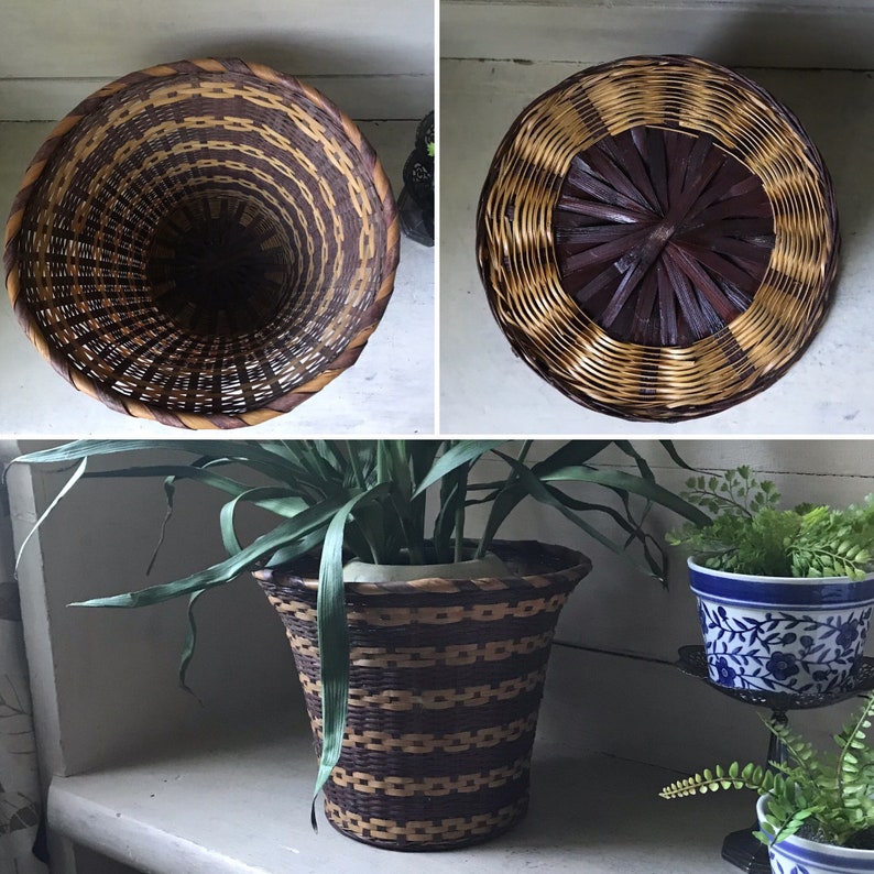 Woven Bamboo Basket Vintage Wicker Waste Basket Planter Etsy