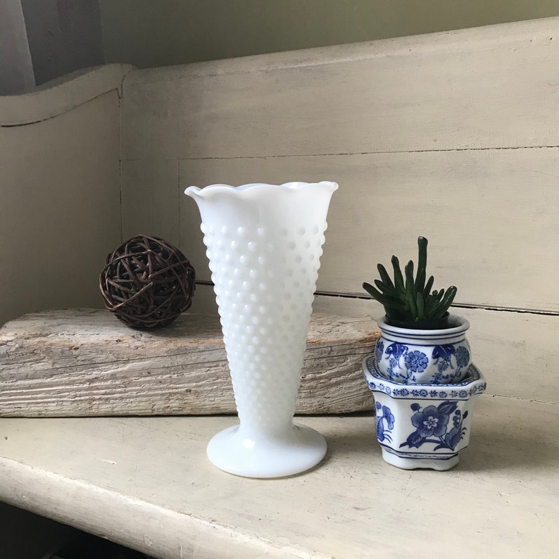 Large Hobnail Milk Glass Vase Vintage Trumpet Shaped White Etsy