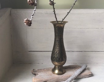 Vintage Brass Vase, Etched Solid Brass Vase with Black Accents, India Brass Tall Vase, Boho Decor