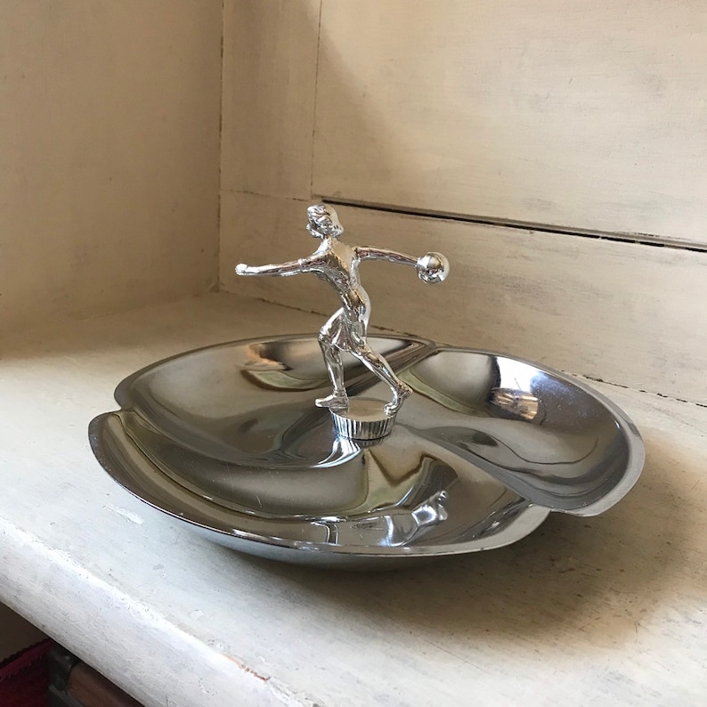 Mid Century Modern Women/'s Bowling Trophy Chrome Trophy Serving Dish MCM Party Platter Cast Metal Female Bowler Trophy Candy Dish