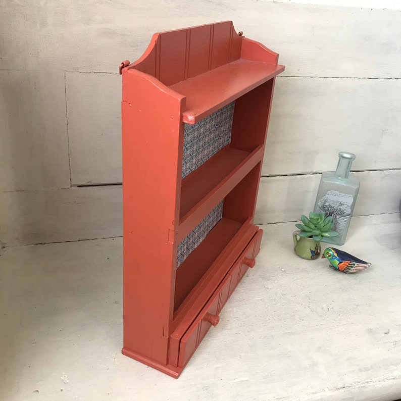 Vintage Three Tier Spice Rack Painted Wood Wall Shelf Display Rack Farmhouse Kitchen Storage Shelf Orange Spice Rack with Drawers
