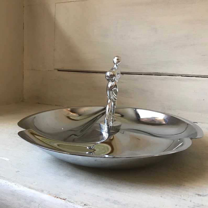 Mid Century Modern Women/'s Bowling Trophy Chrome Trophy Serving Dish MCM Party Platter Cast Metal Female Bowler Trophy Candy Dish