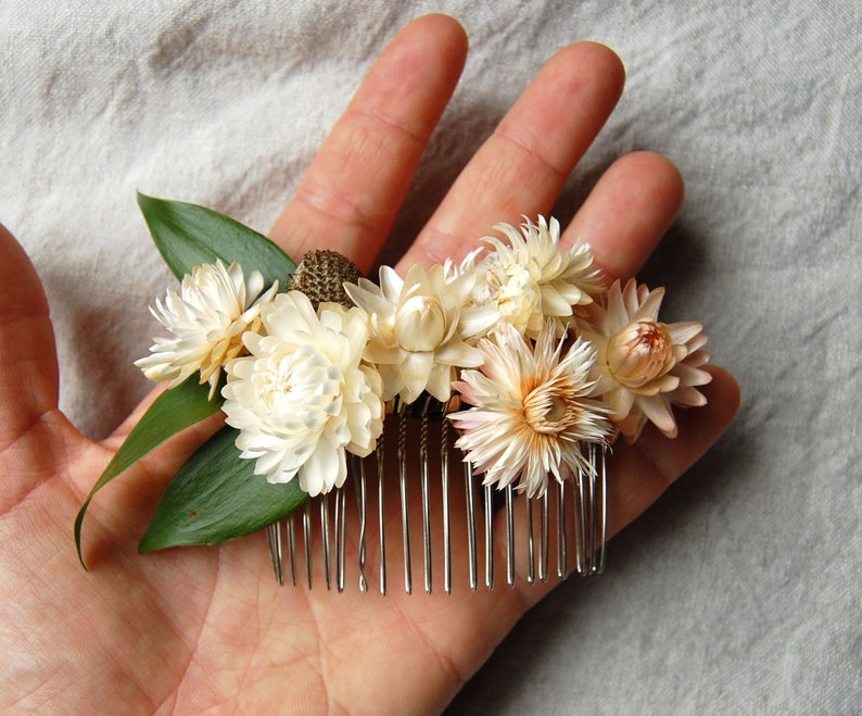Botanical Hair Piece Vintage White Dried Floral Hair Comb one of a kind bridal hair accessory