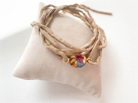 Preserved flower bracelet/Vermeil/silk strand/ FLORES Silk