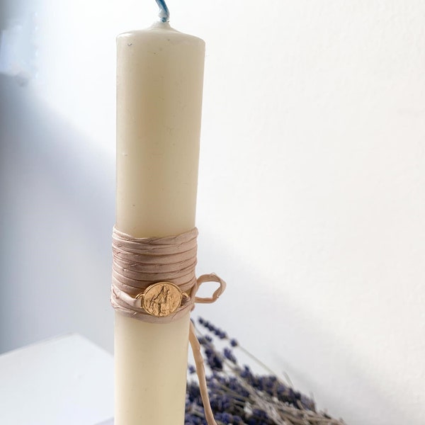 Baptism gift/beeswax candle with Scapular/ personalized/Silk cord/LUMEN