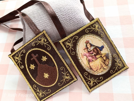 Brown Scapular/ Our Lady of Mount Carmel/ embroidered/home decor.