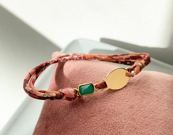Personalized Oval Bracelet/ gold plated Sterling silver/Liberty cord/ANNETTE STONE