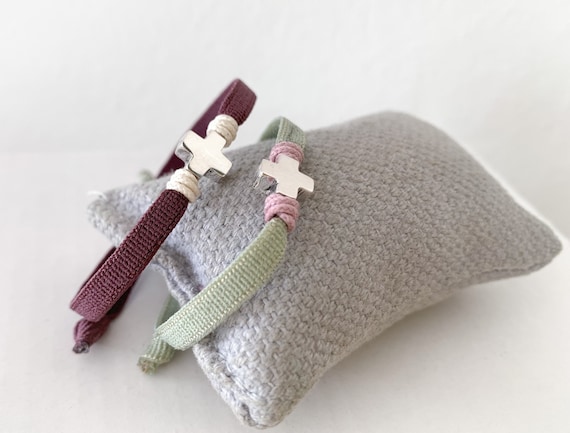 Small cross bracelet for girl or boy/ Sterling silver/Stretch cord/First Communion gift/HOPE