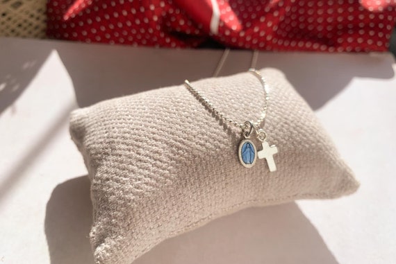 Dainty cross and Miraculous Medal chain necklace/ personalized/ Sterling silver/MADONNINA Blue