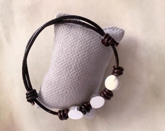 Men&#39;s Bracel leather cord bracelet/ Sterling silver/ personalized/ BORN.
