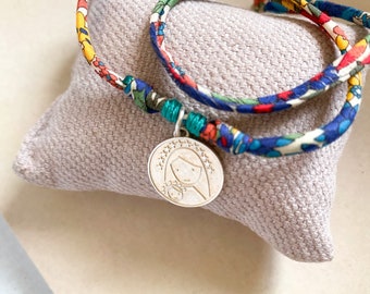 First Communion Girl gift/Medal Necklace/ Virgin Mary and Child/ Liberty flower cord/PILAR