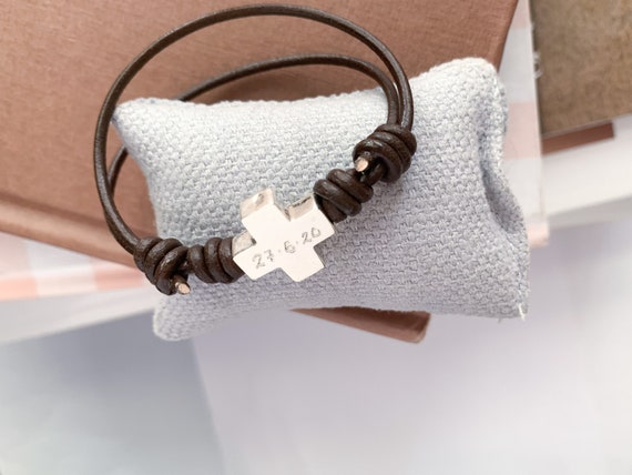 Leather Cord bracelet/Sterling silver cross/ adjustable/personalized.