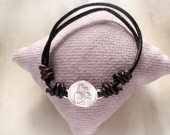 Our Lady of Mount Carmel Scapular Bracelet /leather cord/Sterling silver