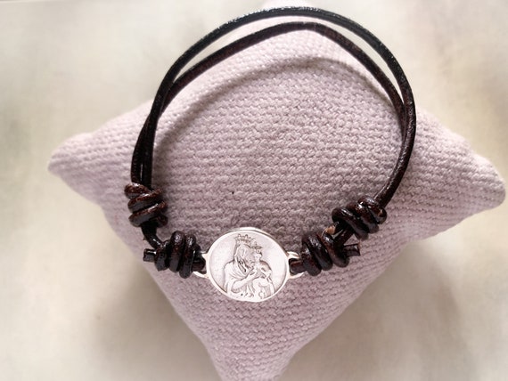 Our Lady of Mount Carmel Scapular Bracelet /leather cord/Sterling silver