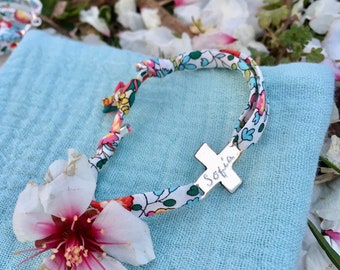 Bracelet première communion CROIX/ cadeau fillette/ ruban Liberty/ISALINE