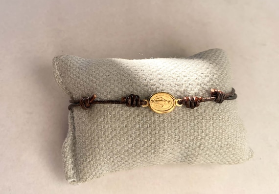 Miraculous Medal Leather Bracelet/vermeil/ dainty/brown/ vermeil/ MADONNINA