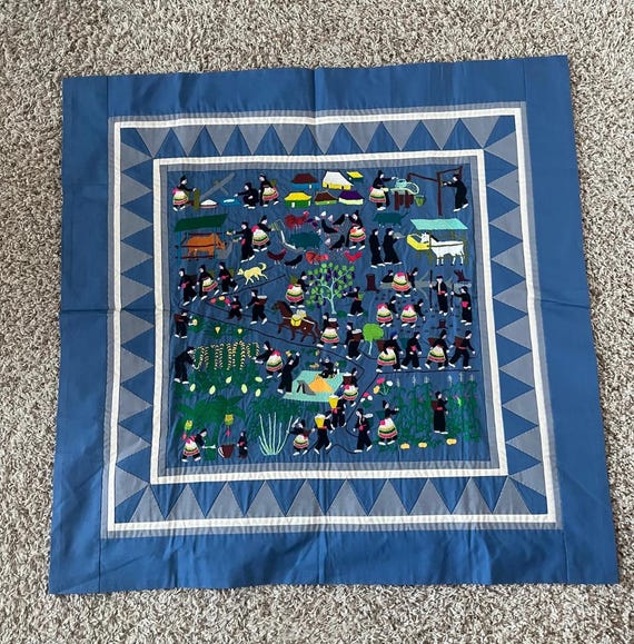 Vintage Hand‑Embroidered Hmong Story Cloth Village Life Scene; Tribal Textile Art Wall Hanging