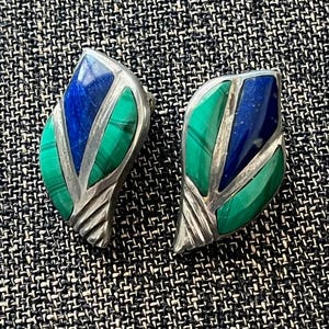 Lapis Lazuli and Malachite Clip-on Earrings from Chile Set in &quot;950&quot; Silver