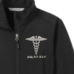 Embroidered Softshell Medical Nursing Jacket - Medical Symbol with Name - Choose your Colors - Ladies Jacket