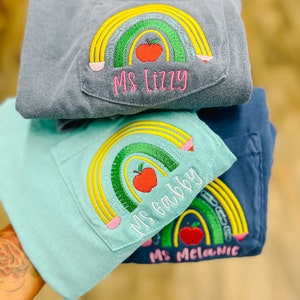 Embroidered Comfort Color Teacher Rainbow Pocket Tee - Unique Teacher Gifts - Daycare Team Gifts