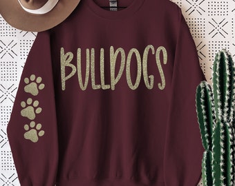 Glitter Bulldogs Mascot Sweatshirt - School Mascot Fleece - Bulldogs Sweatshirt in Glitter or Plain Print - School Spirit - School Colors