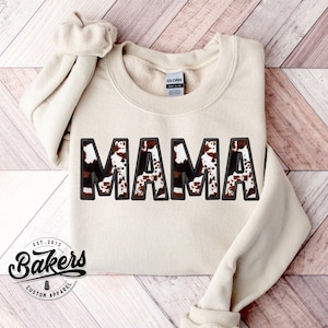 MAMA Faux Embroidered Cow Print Design Sweatshirt - MAMA Cow Print Sweatshirt - Choose your Colors - Western Style Sweatshirt