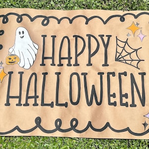 Cute Ghost HAPPY HALLOWEEN hand painted banner - Halloween Decor - Painted Banner - Ready to Ship