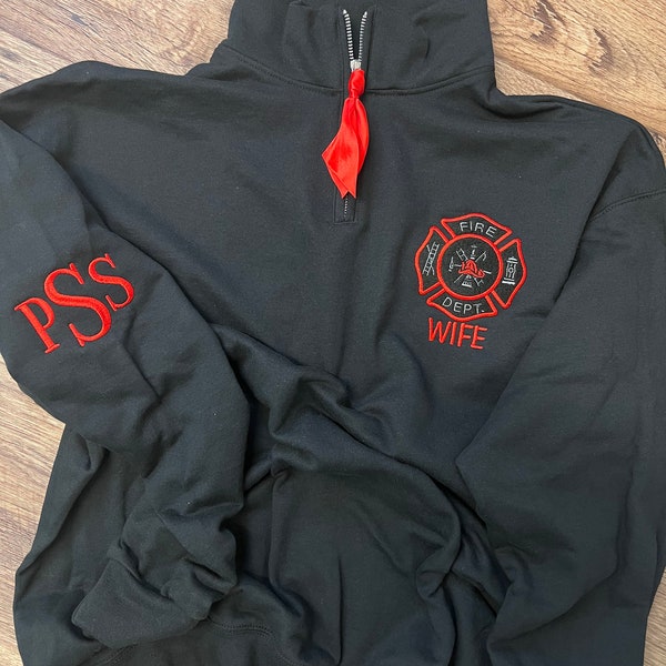 Firefighter wife quarter zip fleece pullover with arm monogram - Fireman's wife - Fleece Pullover - Maltese Cross Embroidered Fleece