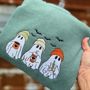 Cute Ghost Trio Trick or Treat Embroidered Sweatshirt - Youth and Adult Fleece Ghost Pullover - Cute trendy Sweatshirts for Fall